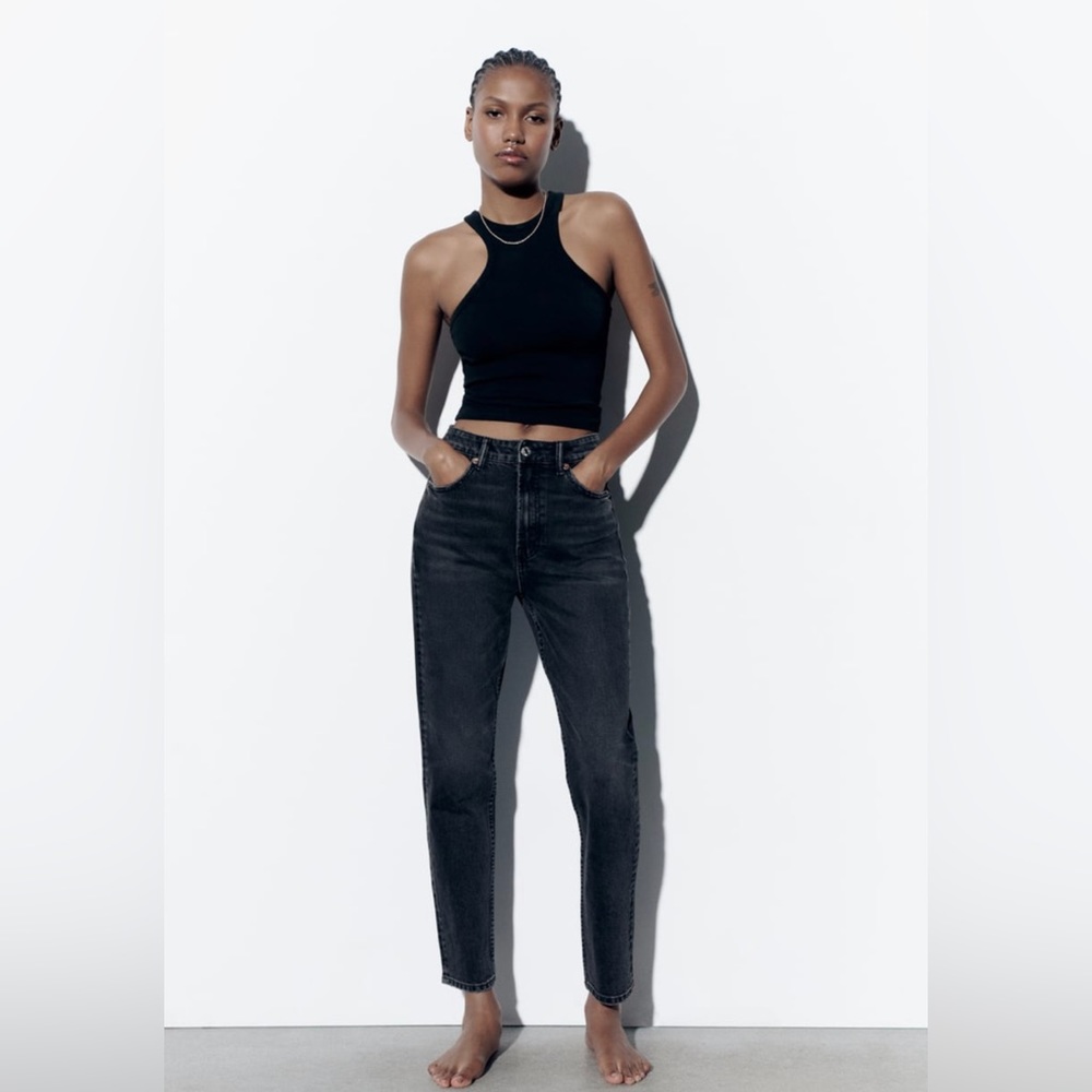 Zara TRF High Rise Mom Fit Stretch Jeans